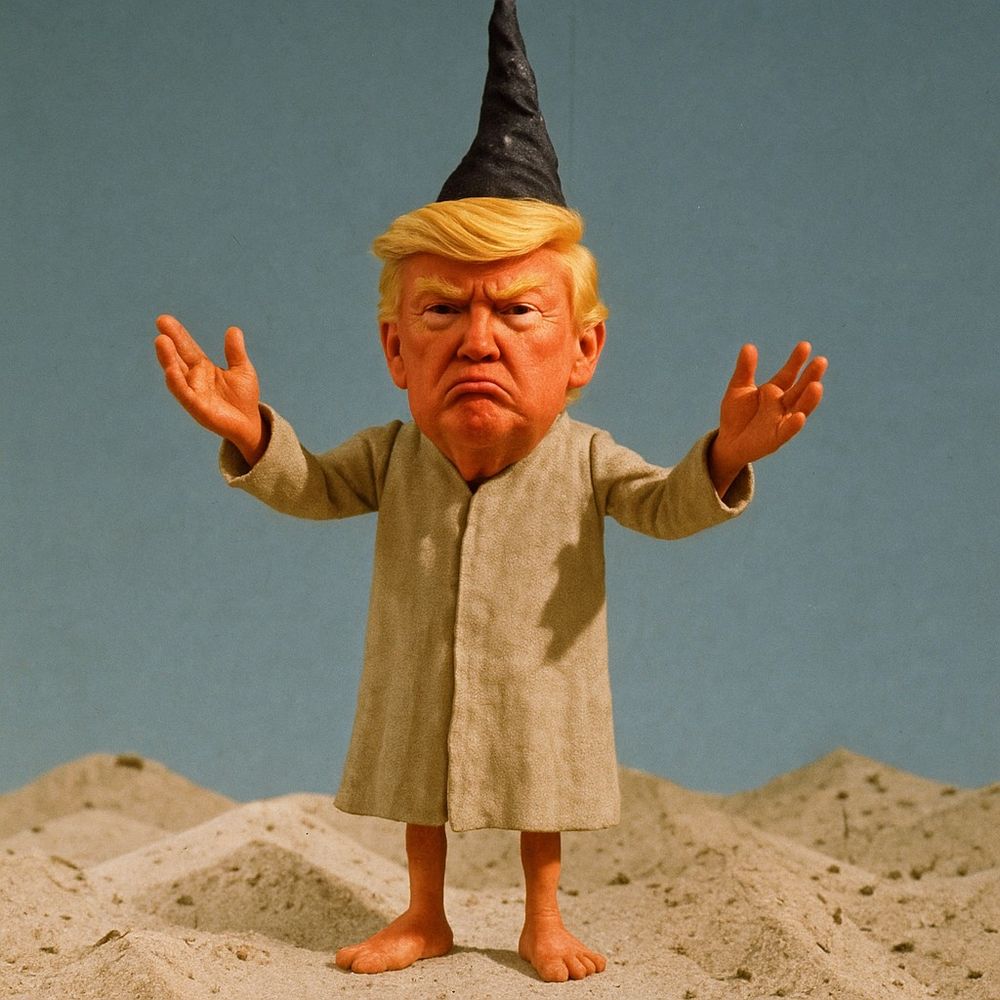  Eine Figur im Stil eines Stop-Motion-Puppenspiels steht barfuß auf sandigem Untergrund. Sie trägt ein schlichtes, beiges Gewand und eine spitze, schwarze Zauberhut. Ihr Gesicht ähnelt einer Karikatur von Donald Trump, mit markantem Gesichtsausdruck und blonder Frisur. (KI Bild)
