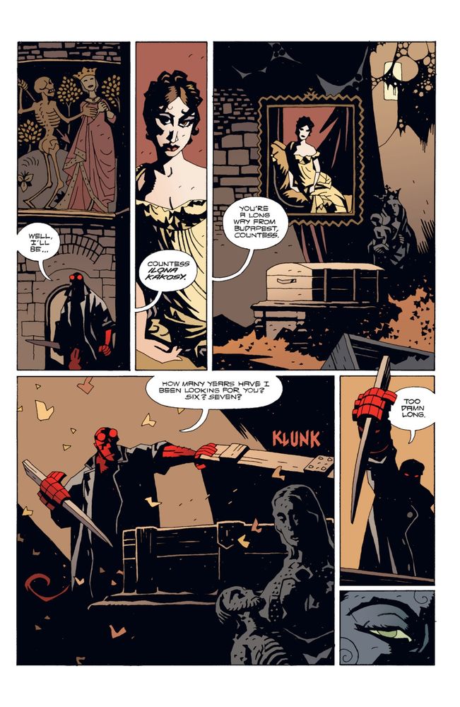 A page from The Right Hand of Doom. A Hellboy comic in which Hellboy is tracking Countess Ilona Kakosy in order to kill her.