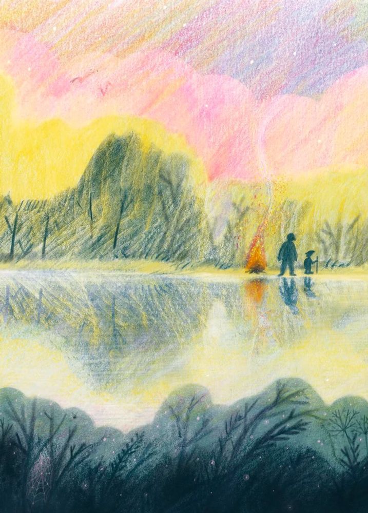 Pencil drawn illustration of a lake with dark blue foliage in the foreground, and pink and yellow textured sky. Silhouettes of two characters in the far distance across the lake, with a campfire, and mou twins behind them. The mountains are reflected on the still lake.
