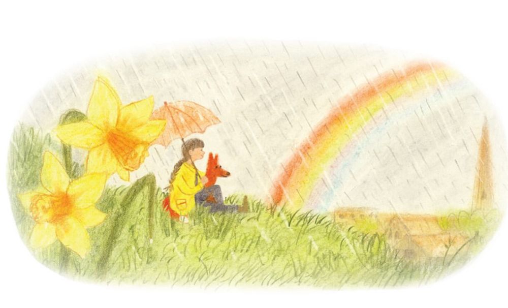 Colourful illustration of a girl holding an umbrella, sitting next to a fox on a hill (close up of top of hill) with daffodils in the foreground and a rainbow in the background. Drawn with soft pastels.
