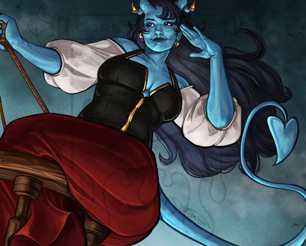 Blue tiefling in the crows nest of the ship, looking out while a storm approaches 
