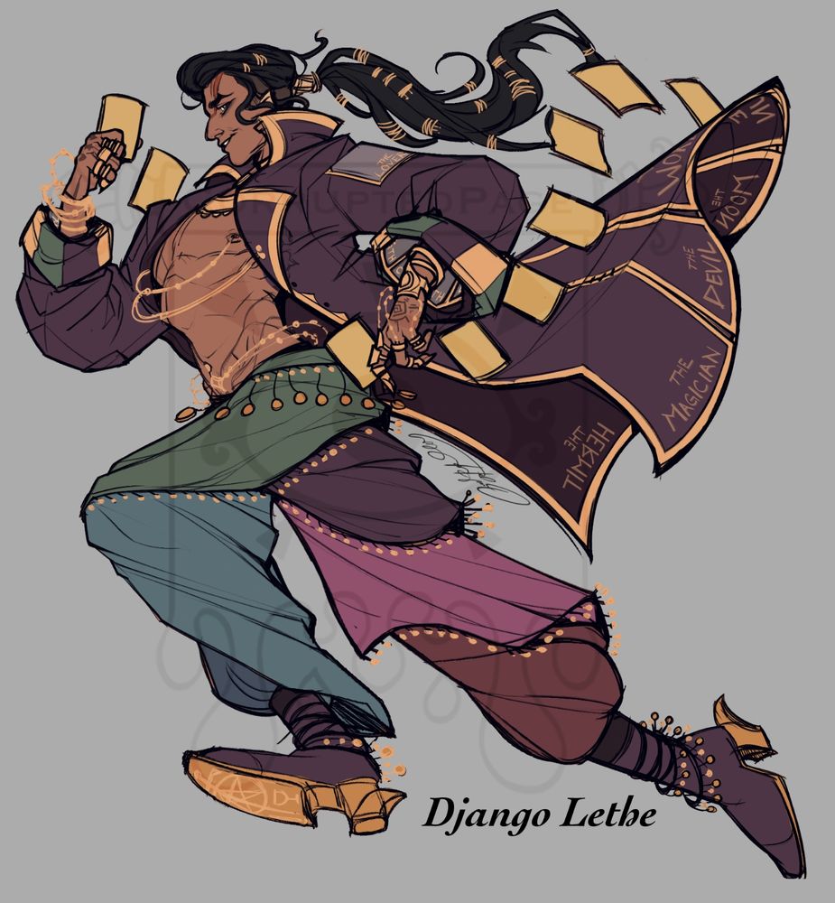 Man with tan skin running with tarot cards following him. He wears a coat with each of the major arcana on it. 