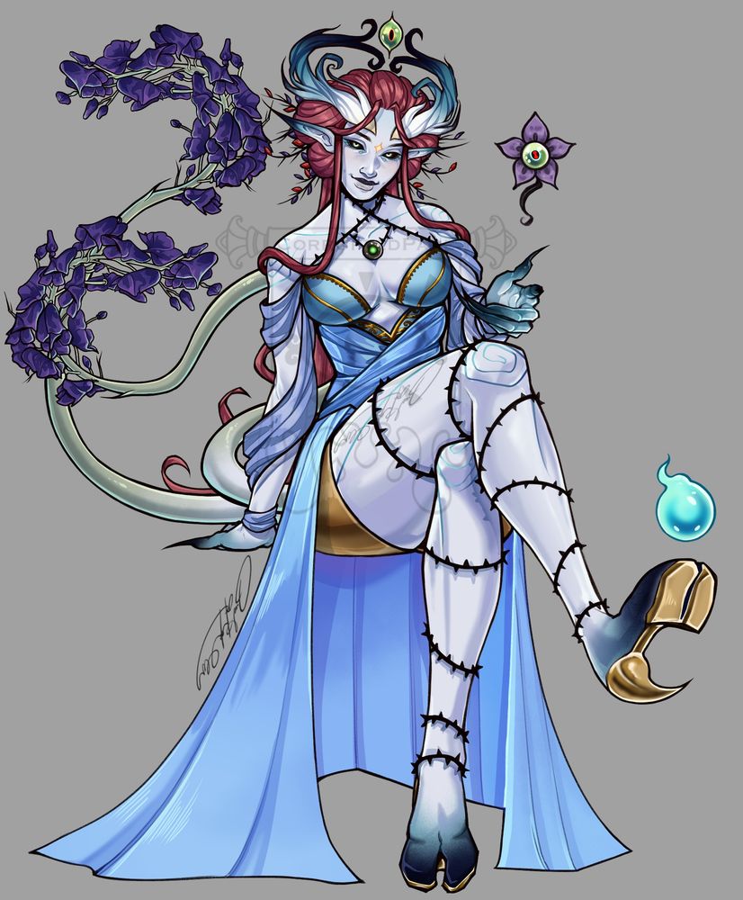 Eldritch Fae with two tails with wolfs bane growing on it. Thorns crawling down her body. Hooved feet with sharp talon heels. A floating eye between her horns and floating flower with an eye.
