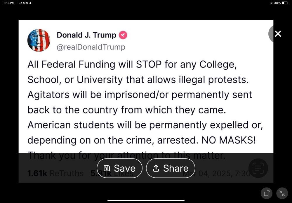 Donald Trump threatens protesters at schools and universities with prison.