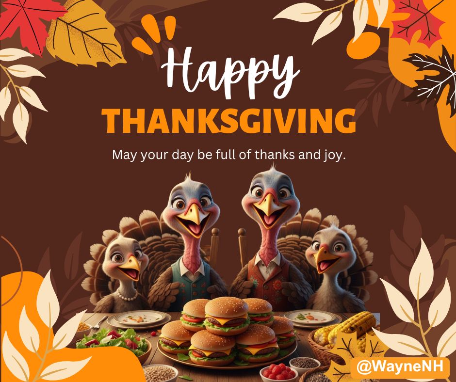 A family of 4 turkeys with cheeseburgers in front of them wishing you a Happy Thanksgiving. 