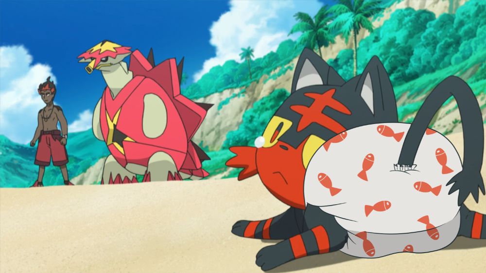 Screenshot edit of Pokemon Sun and Moon of Litten in a diaper