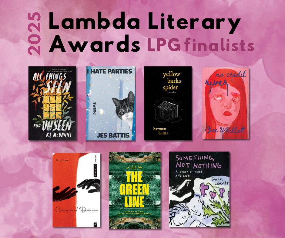 A graphic for the 2025 Lambda Literary Awards featuring LPG finalists, set against a pink watercolour background. The text reads "2025 Lambda Literary Awards LPG finalists" in bold black and lavender letters. Below the text are seven book covers.