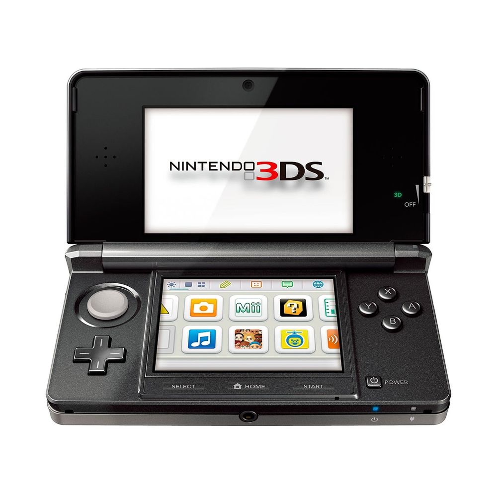 Imatge d'una Nintendo 3DS negra, oberta, amb les pantalles enceses. A la pantalla superior el veu el logotip de la consola, s'hi llegeix "Nintendo 3DS". A la pantalla inferior es veu el menú de la consola, dues files horitzontals amb icones de les diferents aplicacions.