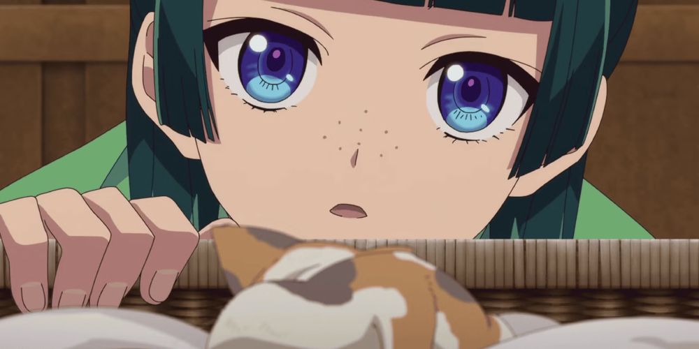 Imatge del primer capítol de la segona temporada de l'anime 'Los Diarios de la Boticaria'. En la imatge es veu un primer pla de la protagonista, una noia jove de cabells verds, ulls blaus i pigues al voltant del nas, mirant un gatet calicó mentre dorm sobre una manta blanca. 