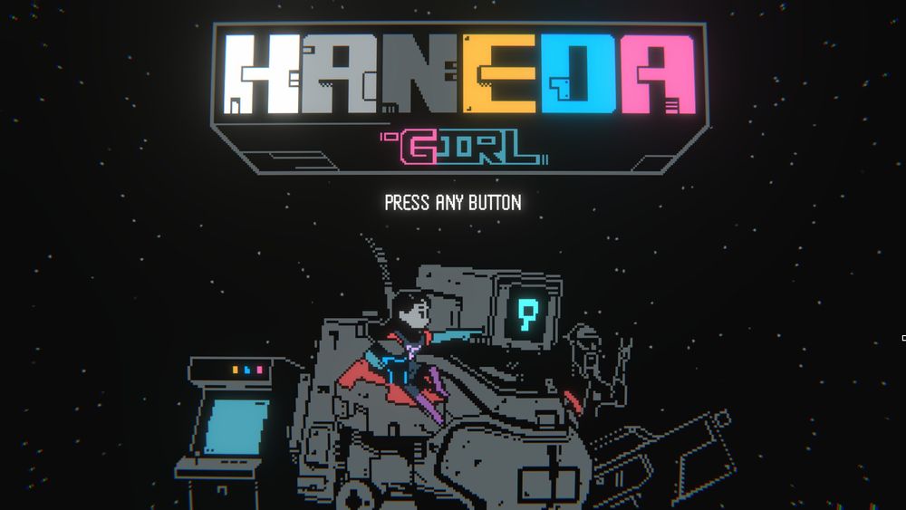 Pantalla de títol del videojoc 'HANEDA GIRL'. Es veu, a la part superior, el títol amb lletres de colors llampants (blanc, gris, negre, groc, cian i magenta) i a baix, en estil pixel-art, un robot armamentístic gris, amb una pantalla a la cara que té un símbol de color cian, amb una nena asseguda a la seva espatlla, que assenyala amb el dit cap endavant. Al costat esquerre, una màquina arcade, i de fons, un cel estrellat, com si fos l'espai.