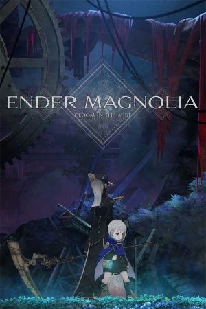 Portada en vertical del videojoc 'Ender Magnolia: Bloom in the Mist'. A la part inferior es veu un nen de cabells platejats, que vesteix de negre, amb una capa blanca per sobre, i darrere seu, una figura més alta, amb una túnica negra que li cobreix tot el cos i una caputxa del mateix color, però amb un vel blanc que li oculta el rostre. Subjecta una dalla daurada a la mà dreta. Estan els dos dempeus sobre un camp d'herba, i de fons es veu vegetació, una paret de maons i el que sembla ser una branca d'arbre amb trossos de tela vermella. A dalt a l'esquerra hi ha un gran engranatge daurat, i en la part superior de la imatge, centrada, el títol del joc.