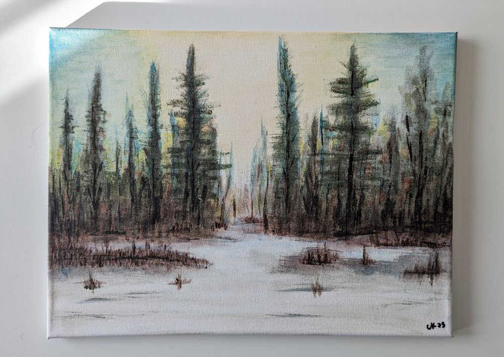 A painting of evergreen trees and underbrush in the snow, with pale yellow and blue sky meant to emulate morning light. 