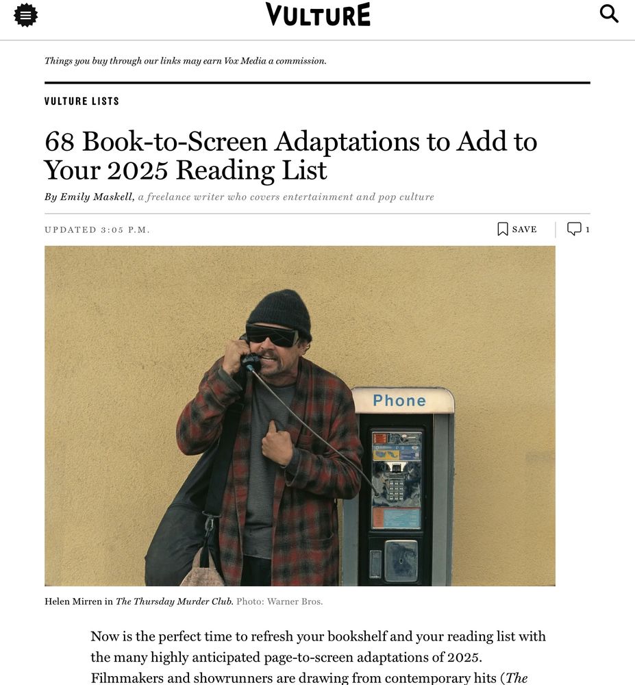 Screen shot of header image from Vulture article on book to film adaptations this fall. A photo of a grimy Leonardo di Caprio screaming into a pay phone, taken from tan upcoming Paul Thomas Anderson film, is captioned as Helen Mirren from Thursday Murder Club. 