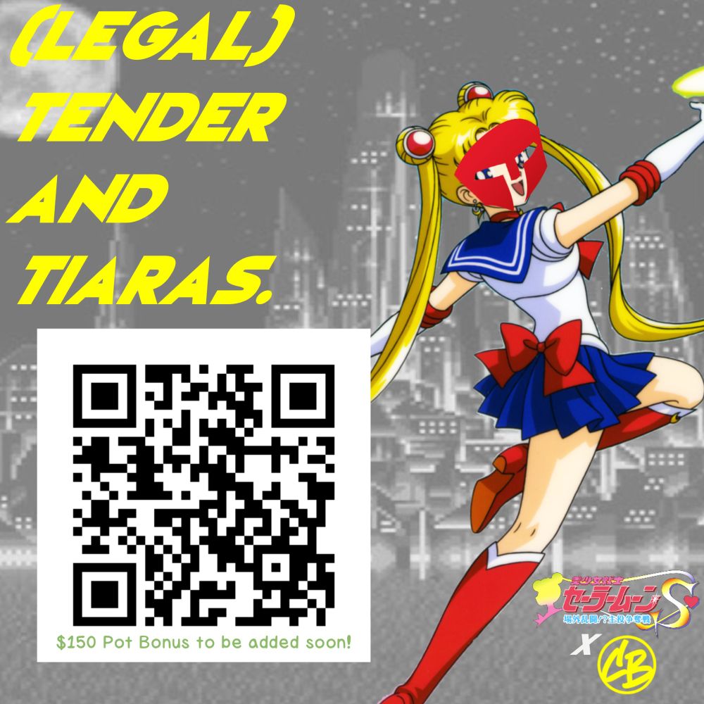 On the right, Sailor Moon is doing her classic Moon Tiara Attack pose from the anime, adorned in a Magneto-esque helmet fit to her face to the poster designer’s best ability — said “Magneto-esque helmet” is the logo for Matcherino.

Below her right leg is her logo for Bishoujo Senshi Sailor Moon S: Jougai Rantou!? Shuyaku Shodatsusen, a letter x (in this instance pronounced “cross”), and Combo Breaker’s circular “CB” seal/logo.

To the left of her are the words “(Legal) tender and tiaras.” Below that is a QR code with the words “$150 Pot Bonus to be added soon!”

The background is the Night version of the Crystal Tokyo stage from the aforementioned Sailor Moon S game, but in black-and-white.