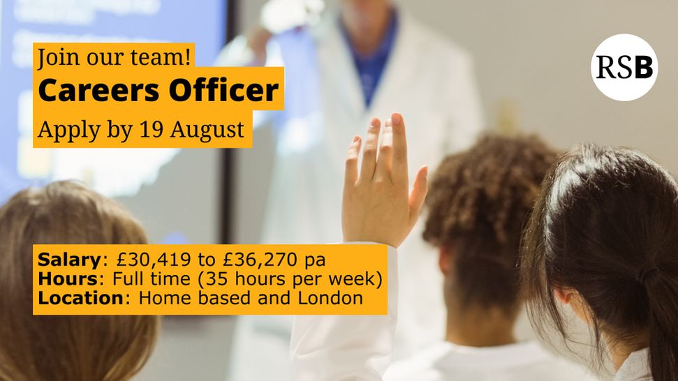 Students in a class looking at a teacher - one is holding up their hand. Text says join our team, careers officer, apply by 19 August, salary: £30,419-£36,270pa, hours: full time (35 hours per week), location: home based and London