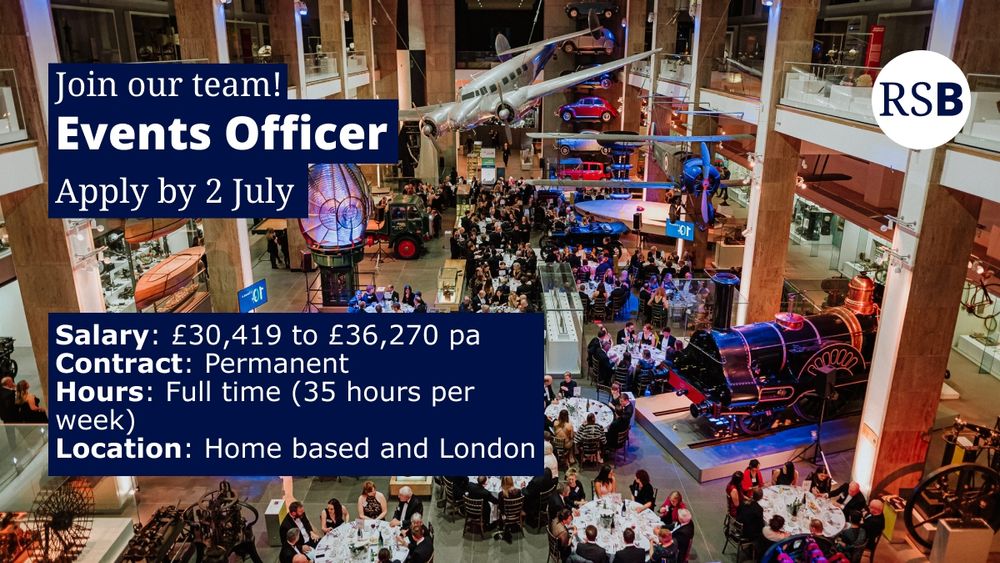 A birds eye view of an event in a museum with lots of people sat at tables. Text says: join our team, events officer, apply by 2 July, Salary £30,419 to £36270, contract permanent, hours full time (35 hours per week), location home based and London