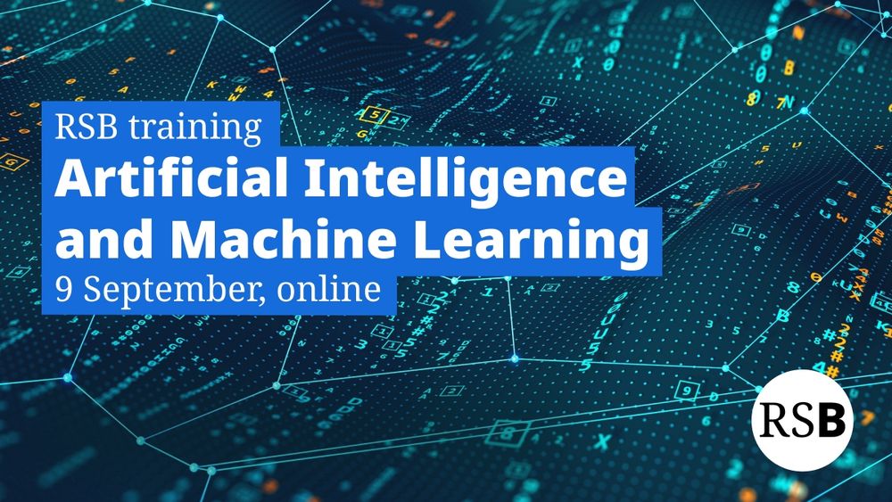 A graphic of computer code. Text says RSB training, Artificial Intelligence and Machine Learning, 9 September, online