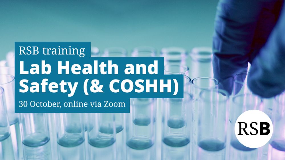 A gloved hand picking up a test tube. Text says RSB training, Lab Health and Safety (& COSHH), 30 October, online via Zoom