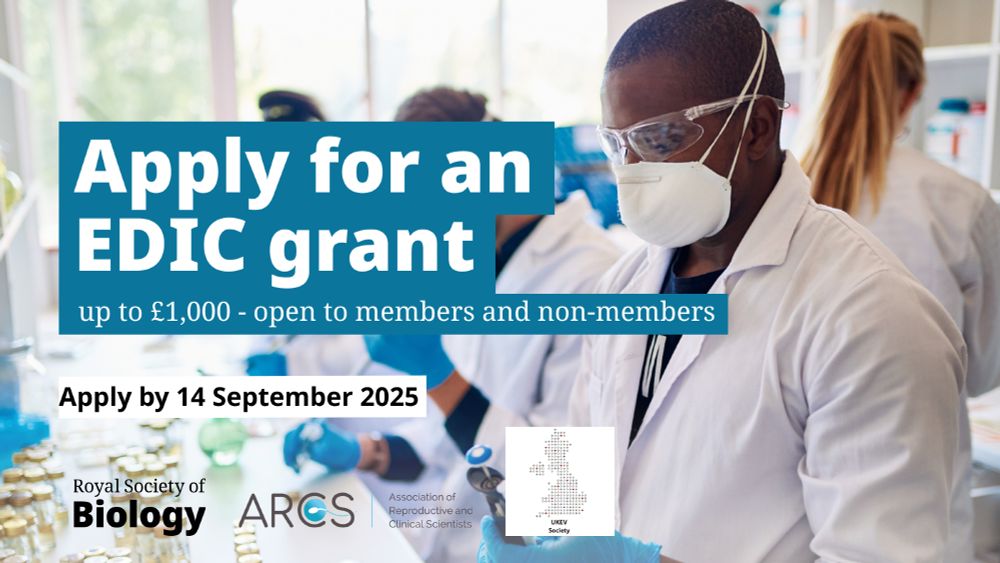 People working in a laboratory. Text says Apply for an EDIC grant. Up to £1,000 - open to members and non-members. Apply by 14 September 2025