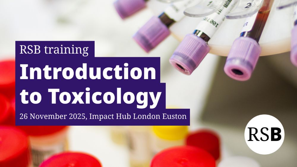 Test tubes in a centrifuge. Text says RSB training, Introduction to Toxicology, Impact Hub London Euston