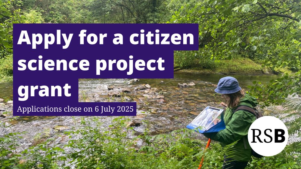 A person writing on a waterproof clipboard by a river. Text says apply for a citizen science project grant, applications close on 6 July 2025