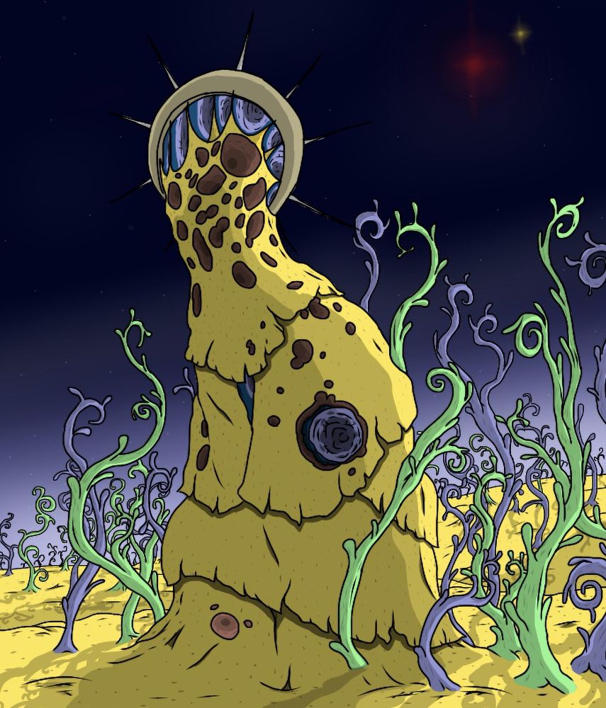 A picture of Hastur, the King in Yellow, on the surface of the alien planet Carcosa. The planet has both a red and yellow sun, and the surface is organic and yellowed like it’s made out of sponge, with twisted blue and green “vines” erupting everywhere like a forest. “Hastur” seems to grow directly out of the surface and the same organic yellow material swaddles him like a robe, pocketed with various uneven holes that just reveal empty dull colored flesh tunnels beneath - except for one around his “chest”, which contains a cross-sectioned blue organ similar to a heart. A metal wreathe similar to a radiate crown attaches to his “head” by thin strands of his flesh, and seems to have impossibly deep holes leading through it.