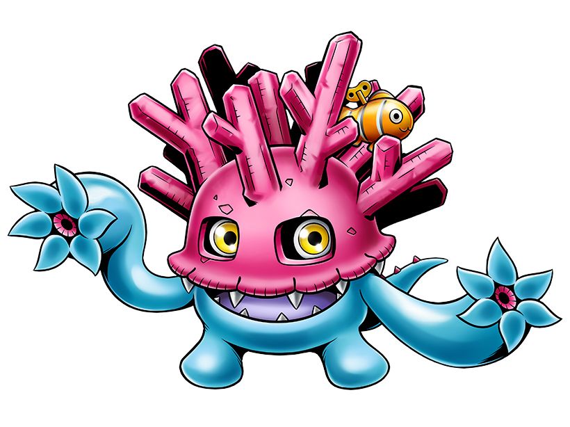 Sangomon, a Digimon resembling a short, squishy blue creature with a mouth full of teeth, a little dinosaur tail, and two long arms ending in anemone-like hands. Its top half resembles a “mask” of bright pink coral, with two square eyeholes for its yellow eyes to see out of, and a cute wind-up clownfish perched in its many spiky coral branches.