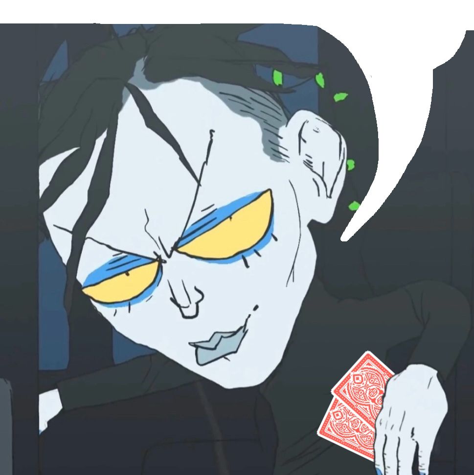 An image of Cesare from Bigtop Burger, edited so that he’s holding two cards, and with a speech bubble indicating he’s saying the dialogue of the skeet.