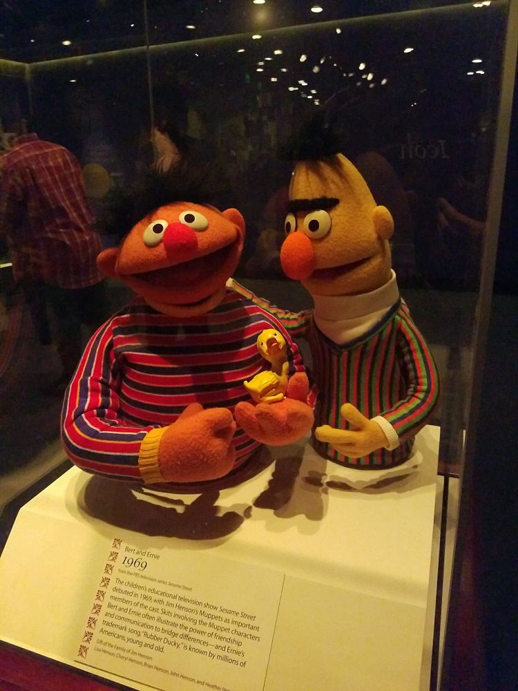 The Ernie and Bert Muppet display at the Smithsonian, complete with Ernie holding Rubber Ducky. 