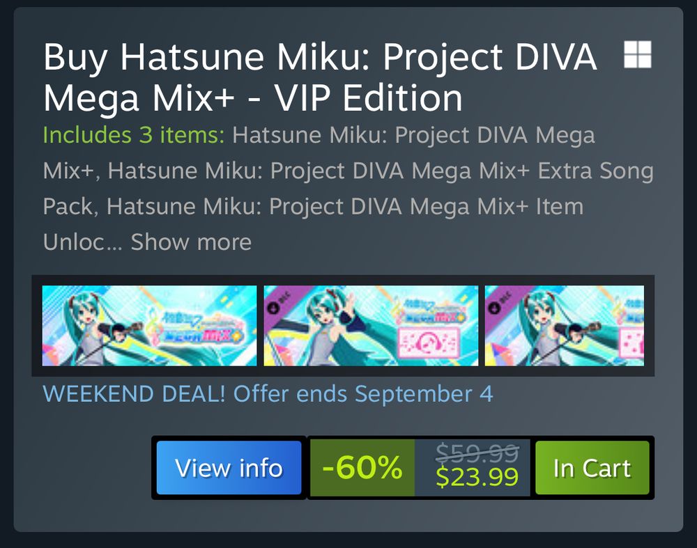 Hatsune Miku: Project DIVA Mega Mix - VIP Edition Steam page on sale for 60% off only $23.99!! 🩵🩵🩵🩵