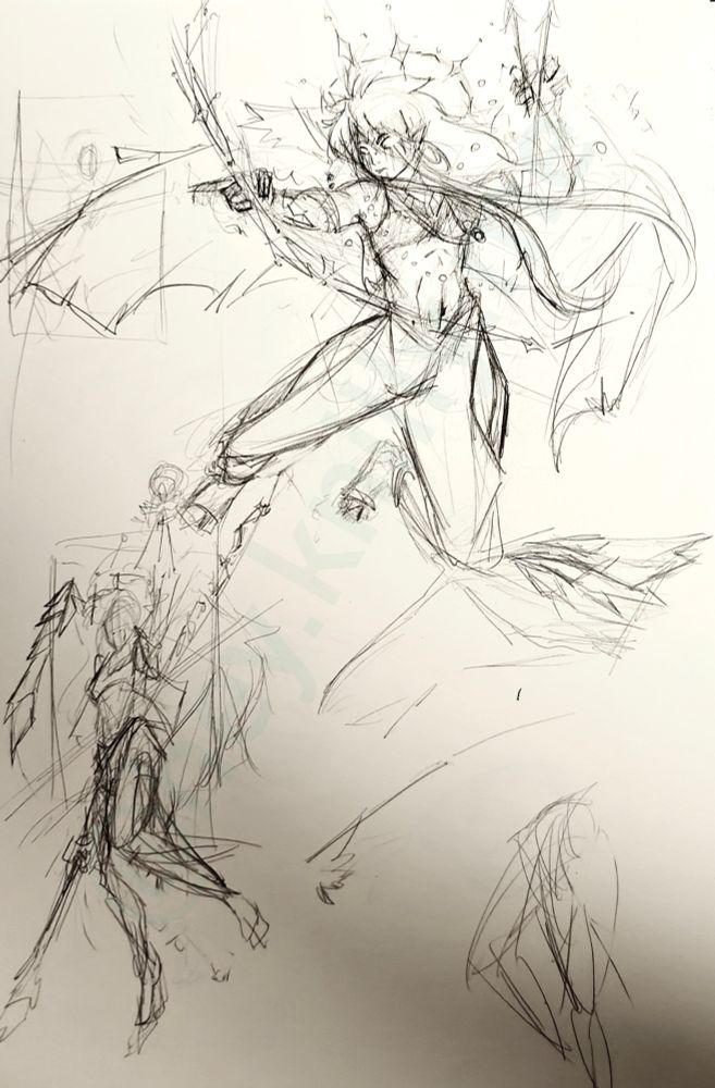 Pencil sketches of practice thumbnail poses of an angelic humanoid with a lance. Incomplete pose sketching. Main sketch is a fleshed out version of Estre, in her starry archer form, posed flying and having just shot a radiant arrow. 