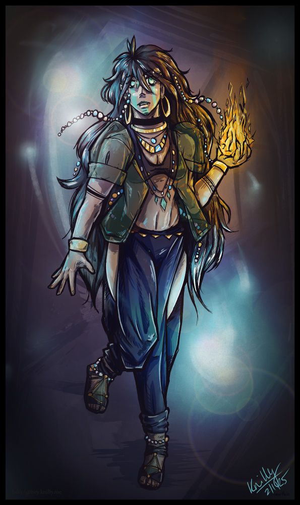 Estre, a dark-haired, tanned-skin woman is in motion, as if walking briskly through a dark (abstract) tunnel. She holds a small, magical flame in her left hand, the glow from this spell illuminating her face and left side of her torso with a warm orange glow. Two radiant astral stars orbit around her, one near the ground and her left foot; the other up by her head on the right, with smaller orbs of radiant magic trailing. They glow and leave magical trails, illuminating areas a soft blue. She wears a bra-like top under a semi-transparent Filipino-style terno. Her pants have openings along the sides that expose some of her thighs and hips. She is covered in gold and beaded jewelry. 