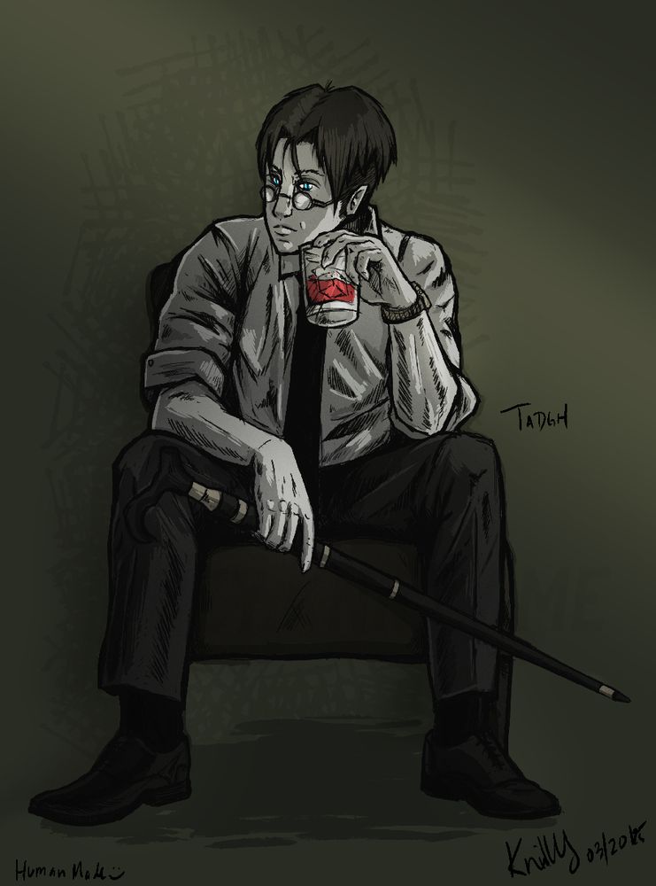 A very monotone colored drawing of a very pale man staring the camera down with his sharp blue eyes, a cane lazily being held in one hand while he's seated, leaning forward slightly. He wears a white collared shirt with a black tie, simple dark dress pants, and dress shoes. In his other hand is a whiskey glass filled with red liquid, one large ice cube in it, as if it were the spirit. His demeanor, bloody beverage, and slightly clawed nails hint at his vampiric presence.