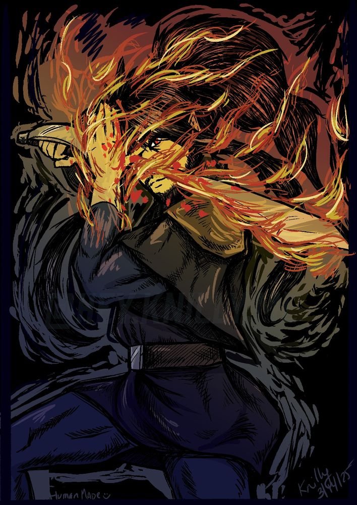 A half-elf swordsman with long black hair lights his schimitar ablaze using the blood of his hand. His sword is poised in front of his face as flames dance around his gaze, a piercing red eye staring you down. His hair is tied up in a pony tail, outlined by abstracted smoke and darkness. He wears a simple blue tunic with tight traveling leggins. A simple belt is around his waist. Knilly's signature is in the lower right-hand corner, with text on the left reading "Human Made"