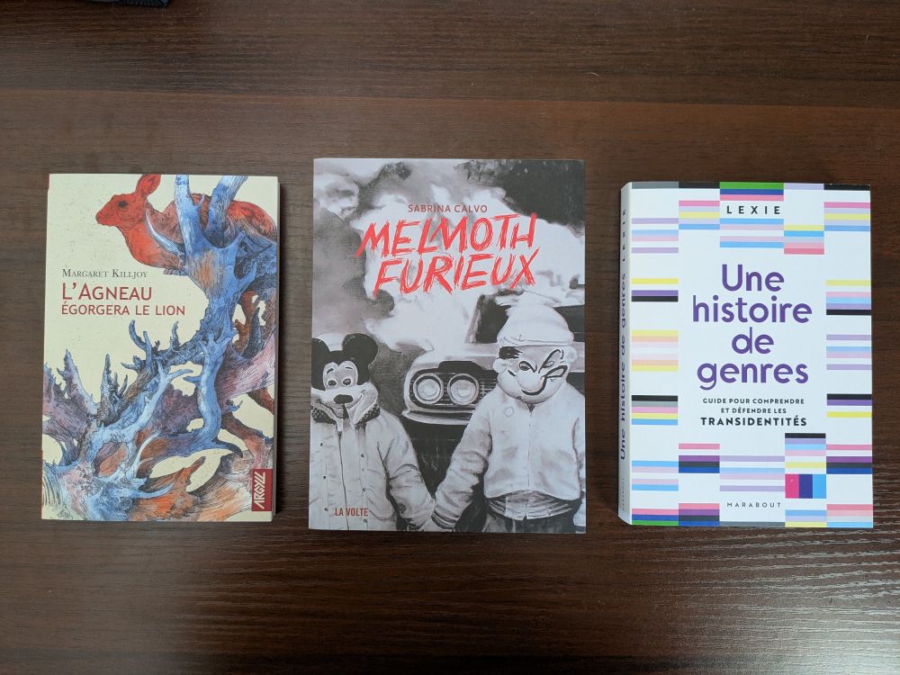 Trois livres disposés sur une table :
- L'agneau égorgera le lion, de Margaret Killjoy
- Melmoth furieux, de Sabrina Calvo
- Une histoire de genres : guide pour comprendre et défendre les transidentités, de Lexie