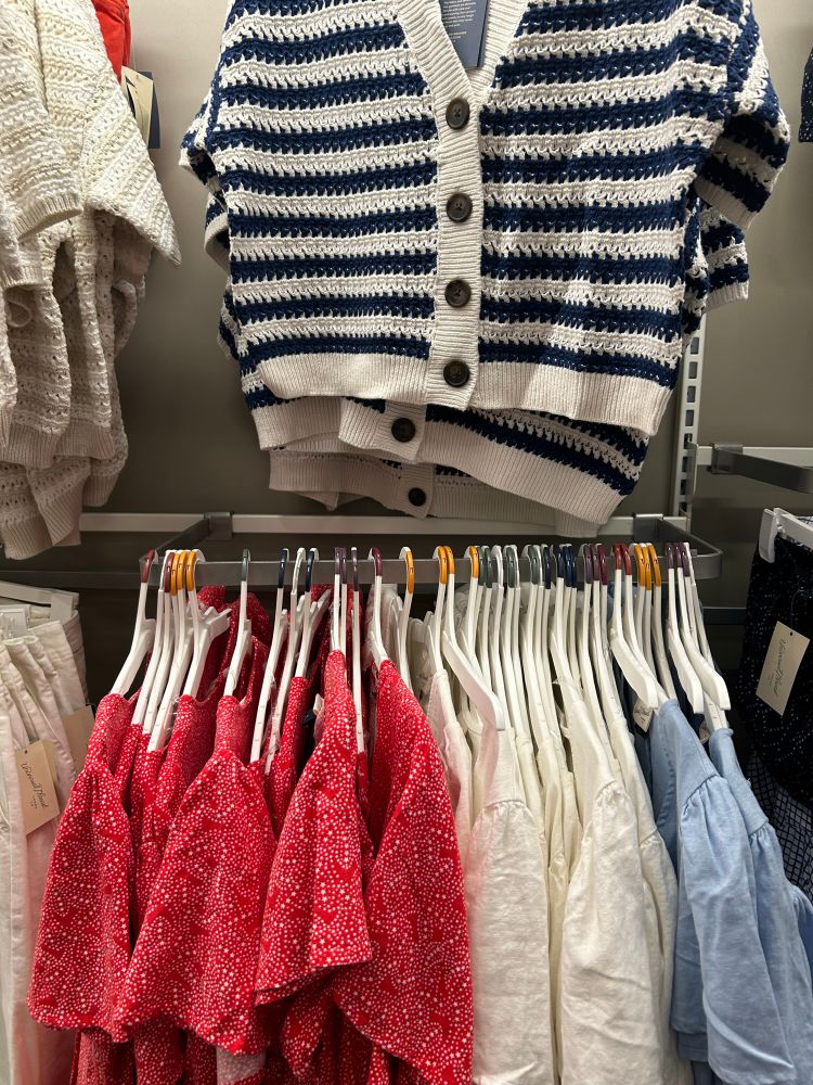 Dresses in red white and blue and a crop sweater with navy blue and white stripes
