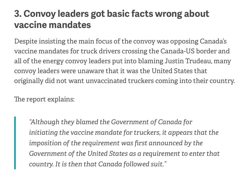 From the Rouleau Commission report: the convoy leaders were unaware that it was the US that first prevented unvaccinated truckers from entering.