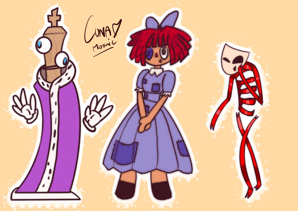 Kinger, who is a chess piece with big silly eyes, in a purple kings coat, Ragatha, who has a doll appearance, purple dress with patchwork, red cotton hair and a bow, and Gangle, a red ribbon body with a drama mask for a face. All three standing next to each other.