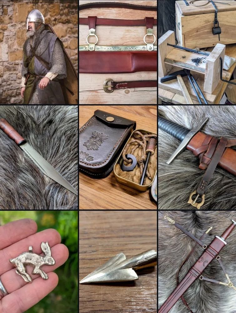 Photo of Instagram grid showing various crafted items including weapon scabbards and fittings, mail and a mail-mandrill, bronze arrowhead, tinder box and hair pendant. 