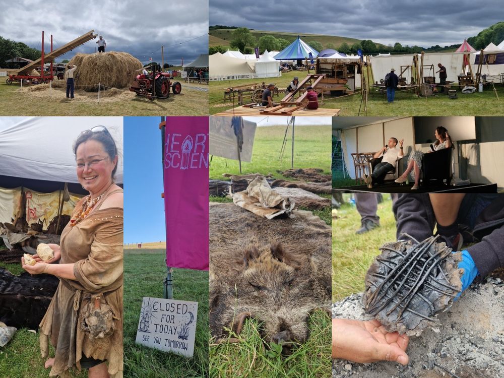 Collage photo of the things mentioned in the post: hayrick building, guillotine reconstruction in progress, a prehistoric renactor, and a boar skin, and Owen Rees on stage. 