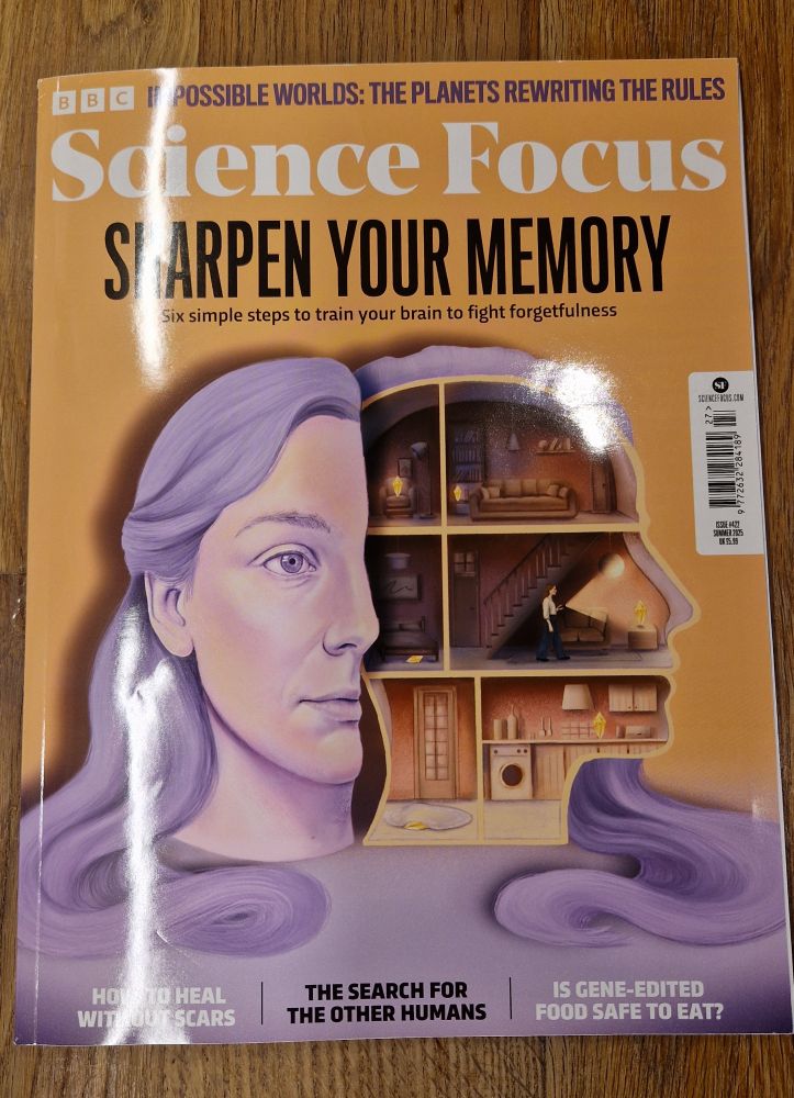 Photo of magazine cover. The image is a digital art picture of a woman's face, with cutaway like a house inside her mind referring to headline story "Sharpen Your Memory". 