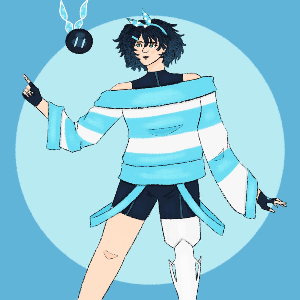Drawing of asphodelis.bsky.social’s OC Icarus. She has short, dark blue hair with a blue bow hairband with white polka dots. They are wearing a blueish black sleeveless shirt and bike shorts with a white and blue off the shoulder sweater on top. The shorts have blue suspenders that are hanging at the sides. She also has blueish black fingerless gloves with blue details. Their left (our right) leg is a prosthetic, made of a hard white material that looks lightweight. To their right is a small flying robot assistant that looks like a blueish black sphere with bright blue blue eyes and tiny blue wings. 