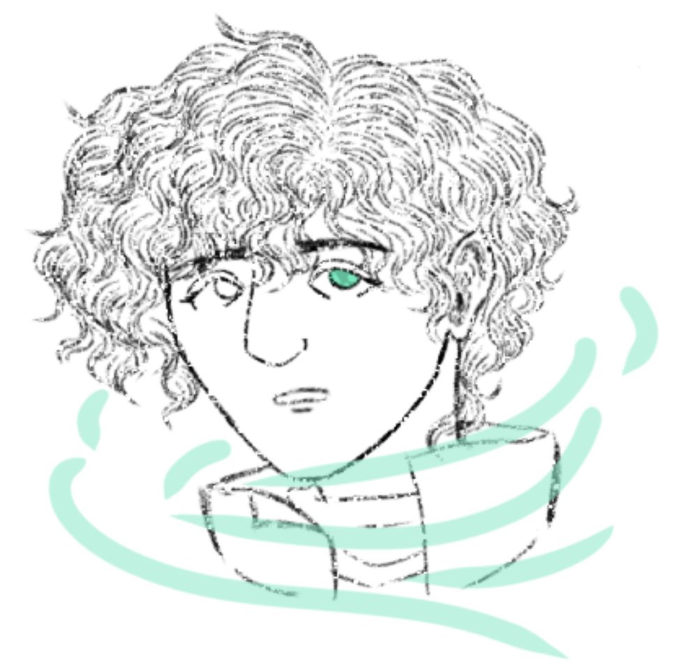 sketch of Ced from FE4/FE5. He has short, wavy hair, and is uncolored except for some wind magic effects and his left (our right) eye, which are both light green.