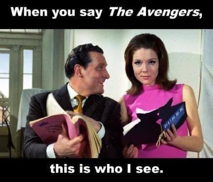 A photo of Emma Peel and John Steed captioned, 'when you say The Avengers, this is who I see'