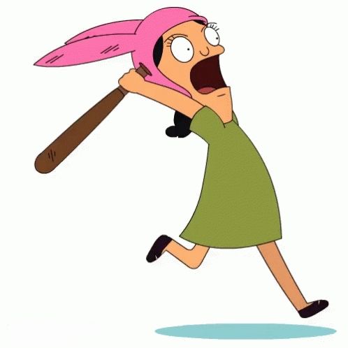 An angry Louise Belcher running hell for leather whilst brandishing a baseball bat