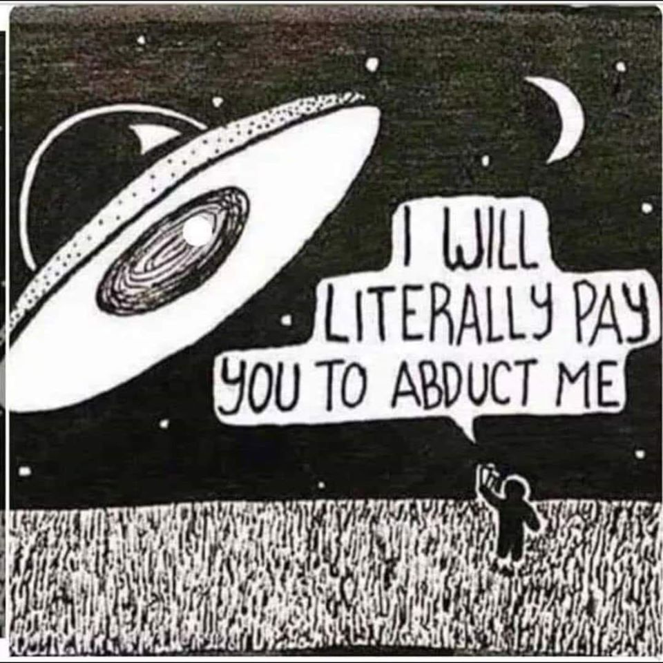A cartoon of a person holding money up to a ufo and saying, I will literally pay you to abduct me.