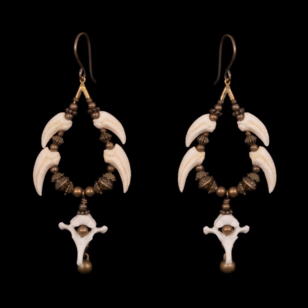 Teardrop shaped earrings made from brass beads, vertebrae and claws.