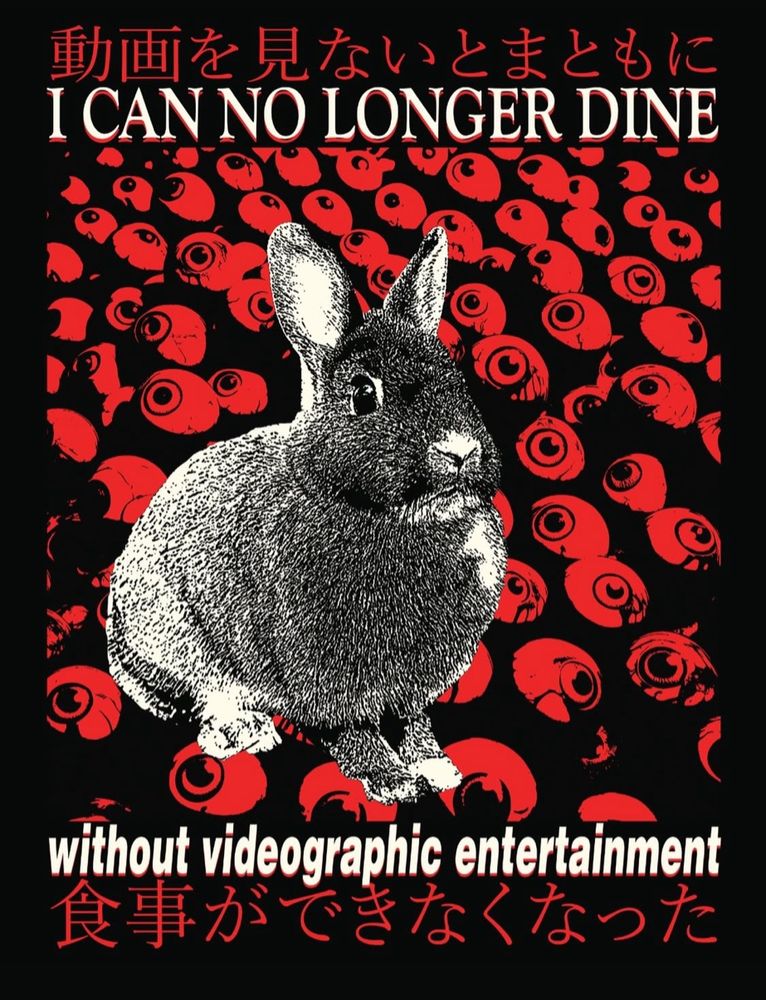 Graphic showing a rabbit that says “I can no longer dine without videographic entertainment.” There are eyeballs in the background. 