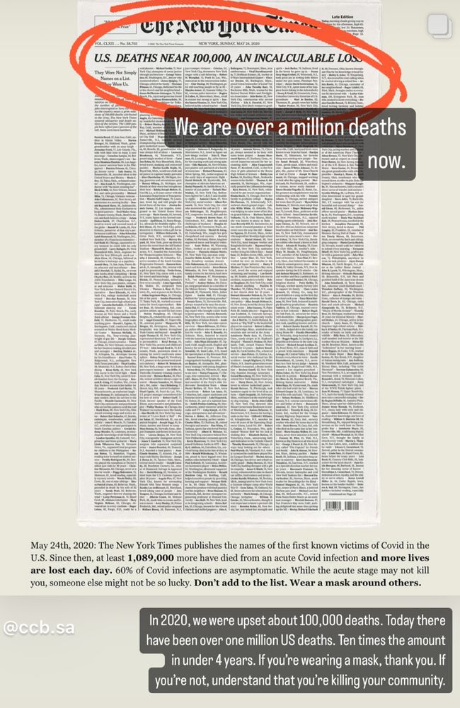 Screenshot that shows the New York Times issue from May 2020 that listed 100,000 Covid deaths in the United States saying it was an incalculable loss. Right now we have over 1 million dead in the United States from Covid.