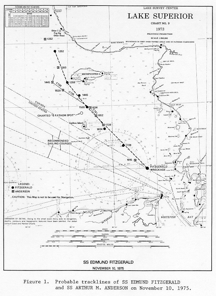 Map of the possible (assumed) last route of the Edmund Fitzgerald. 